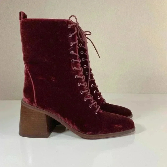 Sam Edelman Westie Brick Velvet 7.5 Chunky Heel Squared Toe Lace Up Boots - Picture 10 of 10